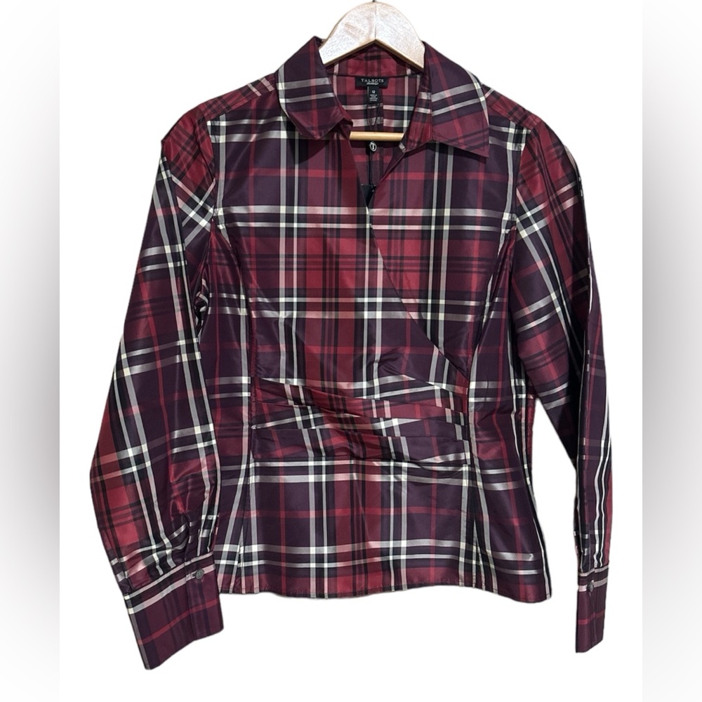 NWT TALBOTS 100% Silk Burgundy/Red Plaid Blouse 3/4 Sleeve Size 12